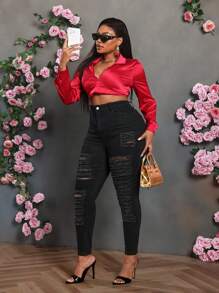 Slaydiva Plus Size Black Stretch Skinny Ripped Jeans - Black - View 6