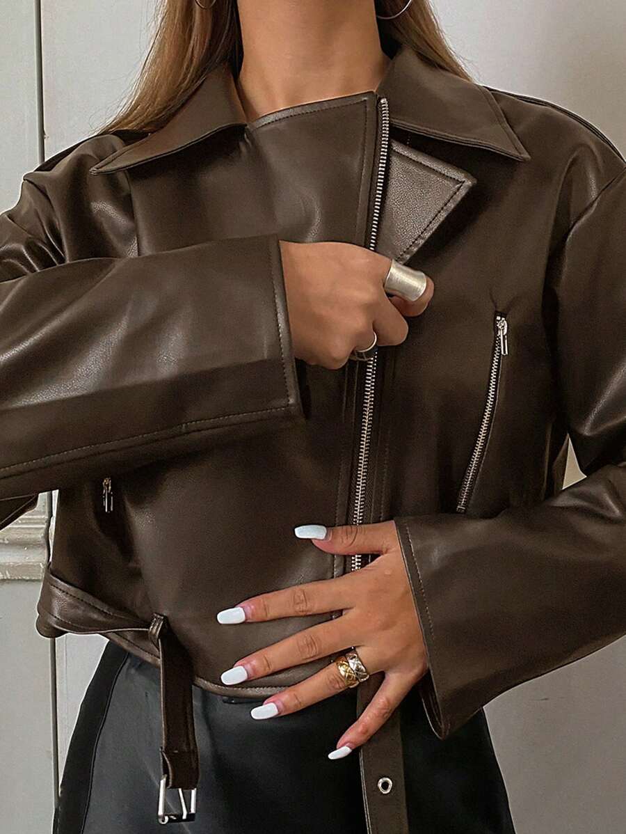 DAZY 女士宽松休闲机车风PU皮夹克，长袖，秋季服装 - 棕色 - 查看 1
