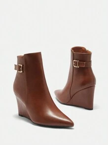 CUCCOO BIZCHIC Women's Solid Color Pointed Toe Buckle Wedge Ankle Boots, Suitable For Autumn And Winter New Year Holiday Valentines - Brown - View 6