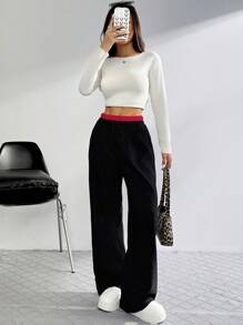 SHEIN EZwear Pantalones anchos y sueltos de mujer con bloqueo de color y cordón en la cintura, hechos de pana