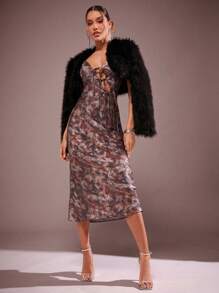 Hauture Elegant Sexy Tie Front Tie Dye Print Holiday New Year Party Maxi Dress
