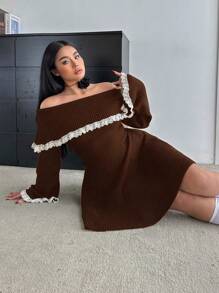 SHEIN MOOSTA 大码优雅拼色蕾丝边露肩喇叭袖毛衣连衣裙，秋冬 - 棕色 - 查看 7