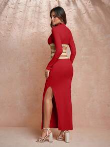 Keraye London Soft Lux Collection 设计师针织高领紧身优雅红色连衣裙，适合节日、派对前夜、生日服装、节日、婚礼、舞会礼服 - 紅色 - 查看 2