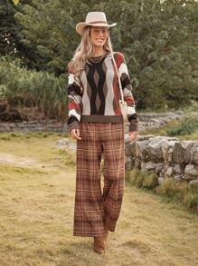 LanaWest Women High Waisted Loose Casual Plaid Printed Straight Leg Pants Fall Cloth For Women - Khaki - View 4