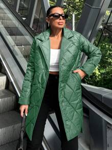 EURMUSE Women Casual Plain Diamond Quilted Padded Coat, Winter - Green - View 4