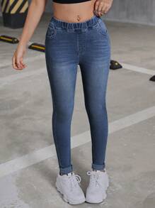 SHEIN Teen Girl Y2K Elastic Waist Insert Pocket Denim Stretch Pants,Fall Back To School Cute Clothes Outfits
