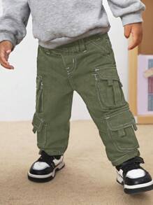 SHEIN 男婴时尚炫酷多口袋撞色缝线牛仔黑色牛仔裤，百搭户外服装