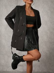 EURMUSE Rhinestone Detail Blazer With Pinstripe Fabric - Navy Blue - View 9