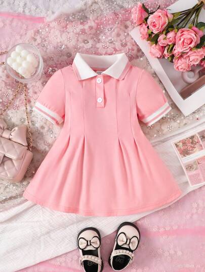 SHEIN 1 pieza Vestido informal rosa para niñas bebé, con cuello y puños de canalé, adecuado para uso diario, exterior, deportes y fiestas