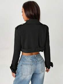 SHEIN PETITE Damski płaszcz typu trencz z wyciętymi klapami i guzikami z przodu, z długim rękawem, na co dzień - Czarne - Zobacz 2