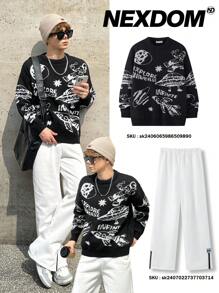 SHEIN Teen Boys' Casual Black & White Astronaut, Spaceship, UFO, Rocket, Moon Print Crew Neck Long Sleeve Sweater, Suitable For Autumn, Winter, Warmth, School, Home, Daily, Sports, Versatile, Layering - Black - View 1