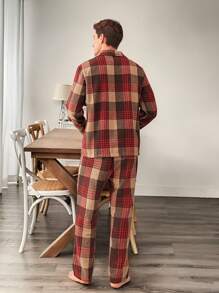 SHEIN 2pcs Men Classic Elegant Plaid Lapel Cardigan Long Sleeve Top And Casual Pants Comfortable Sleepwear Pajama Set For Christmas