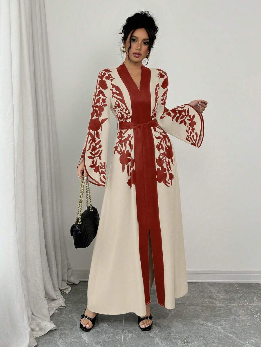 Chiquease 女式秋季优雅花卉印花喇叭袖开叉长裙新年服装长款女装 - 紅色 - 查看 1