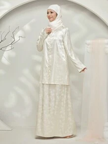 Graceveil Baju Kebaya Floral Jacquard Long Sleeve Button-Up Shirt & Long A-Line Skirt Set Modest