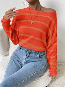 SHEIN LUNE Women's Round Neck Long Sleeve Striped Minimalist Pullover Sweater, Casual Daily Wear Knit Pullover Fall Winter - Orange - View 6