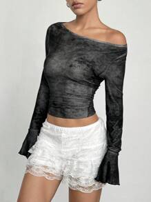 Flirla Boat Neck Flare Sleeve Distressed Fitted Women T-Shirt - Dark Grey - View 3