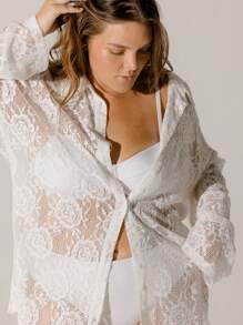 Aralina Curve Floral Lace Detailed Long Sleeve Sheer Cover Up Blouse - White - View 10