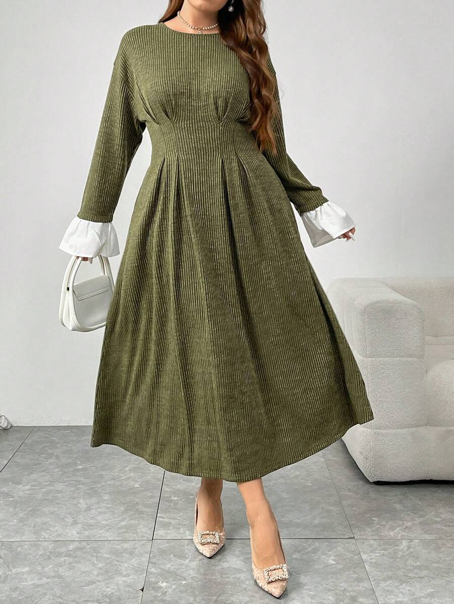 Mulvari Plus Size Round Neck Long Sleeve Waisted Simple Casual Dress, Everyday Wear - Multicolor - View 1