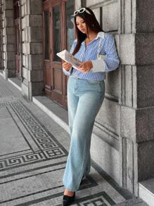 Calvaya Plus Size Women's Button Front Long Sleeve Striped Color Block Casual Shirt Fall Cloth For Women - Blue and White - View 5