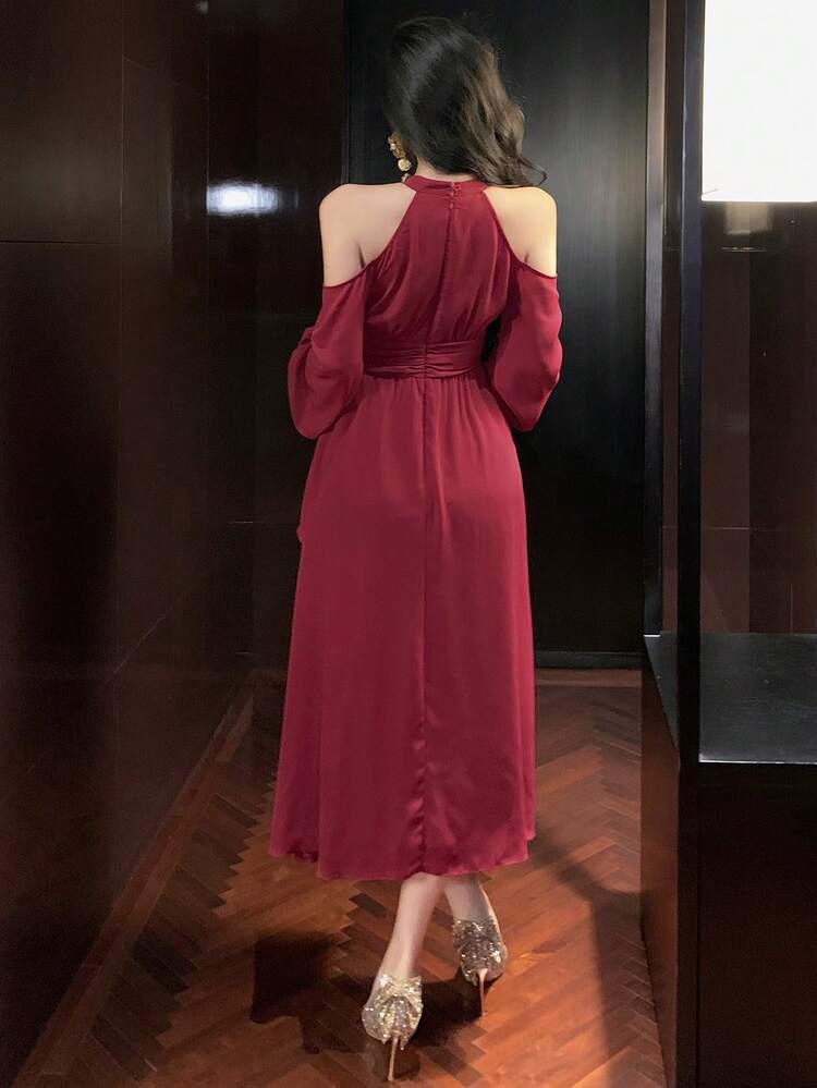 Robe mi-longue à volants de couleur unie, robe de bal, vêtements d'automne à manches longues, robe rouge, robes élégantes pour femmes