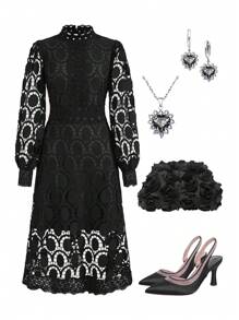 Lavishia 女士优雅浪漫蕾丝泡泡袖中长连衣裙，情人节连衣裙 - 黑色 - 查看 3