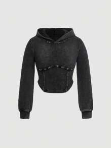 SHEIN Tween Girls Black Denim Elastic Tight Hooded Top