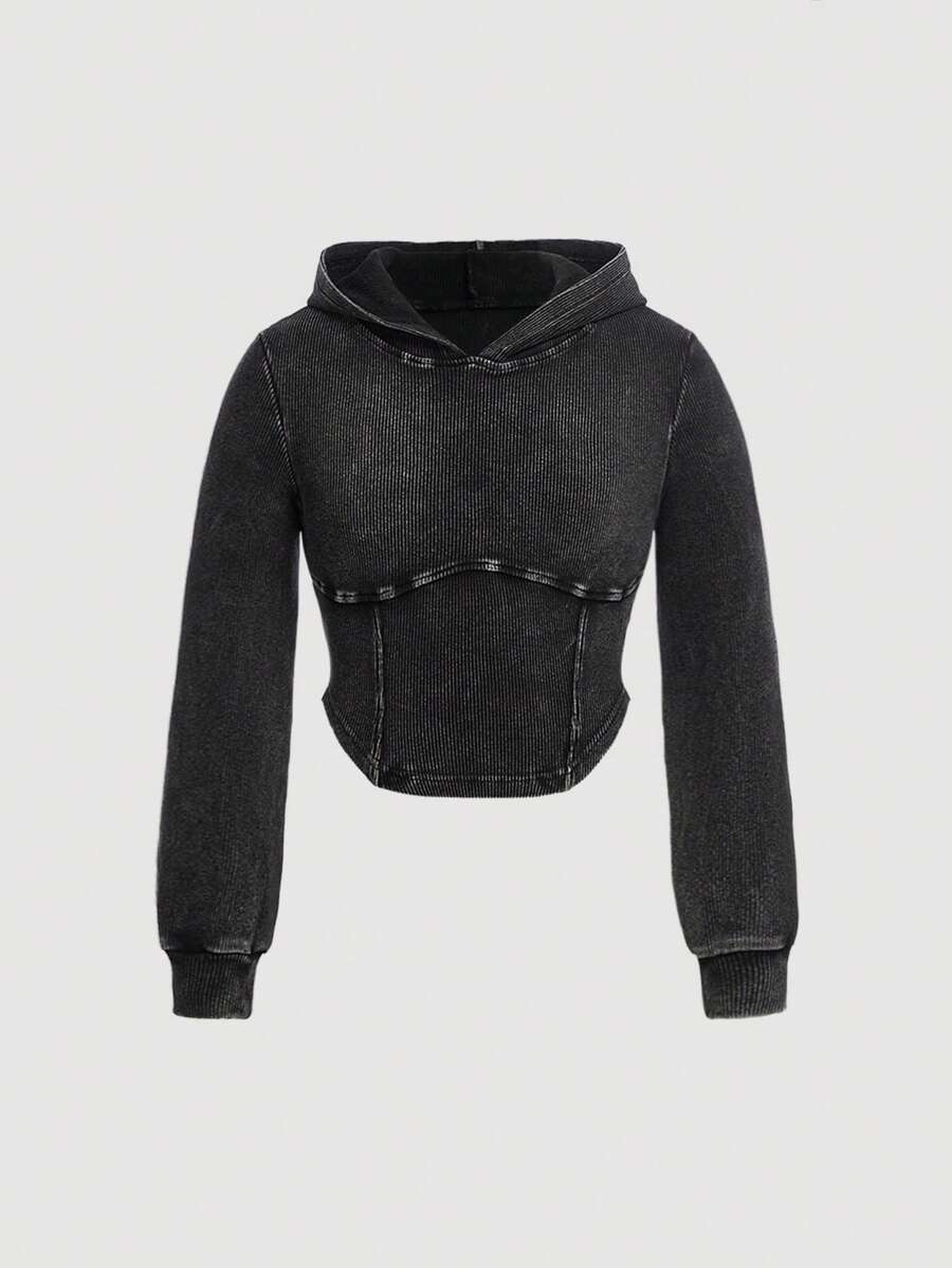 SHEIN Tween Girls Black Denim Elastic Tight Hooded Top