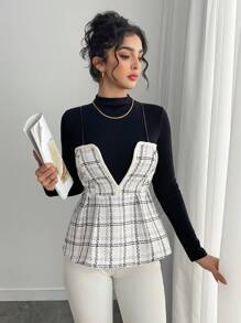 Calvaya Women's Retro Versatile Contrast Color Plaid V-Neck Ruffle Hem Tweed Precision Elegant Vest Camisole Top, Autumn/Winter New Graphic Tees Women Tops