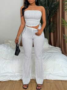 SHEIN PETITE 女士性感修身无袖条纹短款上衣 + 高腰瘦身裤套装 - 彩色 - 查看 4