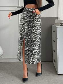 RueChic Fashionable Leopard Print Split Hem Denim Mini Skirt