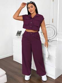 Flirla 2pcs/Set Sleeveless Loose Multi-Pocket Shirt & Casual Cargo Pants Set - Purple - View 3