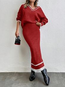 EURMUSE 2pcs Women Autumn/Winter Casual Color Block Trim Sweater And Mini Skirt Set - Red - View 5