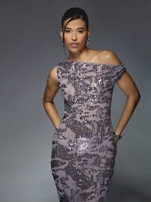 MISSGUIDED Y2K Futuristic Sequin Asymmetric Neckline Draped Off-Shoulder Maxi Dress - Purple - View 3