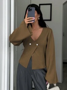 EURMUSE Cardigan à encolure en V, boutons devant et épaules tombantes, couleur unie, pour femmes - Tabac - Voir 7