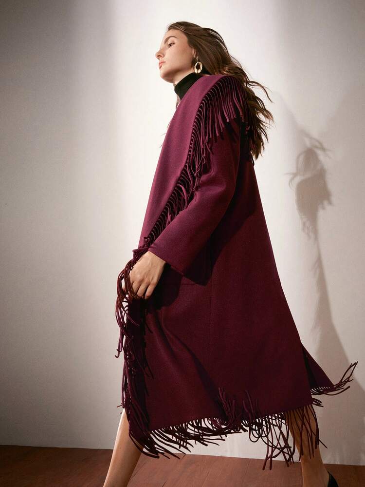 Women's Tassel Decoration Big Lapel Ancola Red Overcoat, New Year's Women