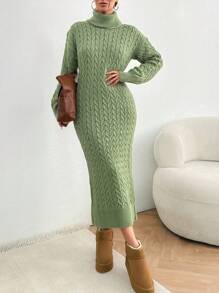 EURMUSE Turtleneck Drop Shoulder Sweater Dress Without Belt
