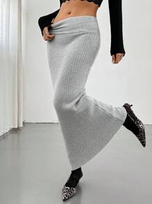 Chiquease Women's Low-Waist Fitted Long Knitted Bodycon Skirt - Grey - View 6