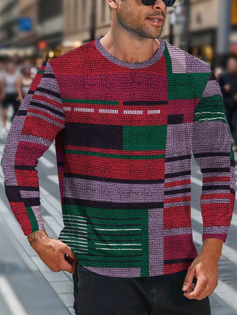 Manfinity Homme Plus Size Men's Striped Round Neck Long Sleeve Casual T-Shirt, Autumn - Multicolor - View 1