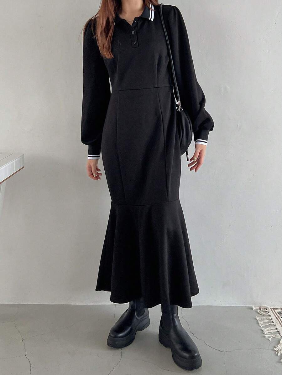 FRIFUL 女士条纹 Polo 领长袖 A 字形休闲针织毛衣连衣裙，适合秋冬季 - 黑色 - 查看 1