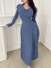 Feyla Women's Solid Color Lapel Long Sleeve Casual Long Sweater Dress In Fall/Winter - Blue - View 5