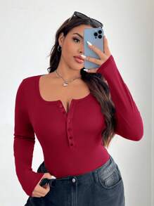 SHEIN EZwear 3pcs Plus Size Women Plain Color Knitted Button Half-Placket Long Sleeve Casual T-Shirts, Autumn/Winter