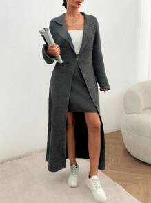 SHEIN Cottnline Maxi Cardigan And Mini Skirt Knit Set - Grey - View 4
