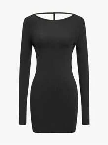 INAWLY Đầm mini hở lưng gợi cảm màu trơn cho nữ - màu đen - Xem 3