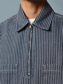 SUMWON Boxy Fit Denim Stripe Half Zip Short Sleeve Shirt - Blue - View 6