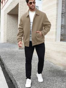 Manfinity Homme Plus Size Men Solid Zipper Casual Jacket, Minimalist Everyday Style - Khaki - View 4