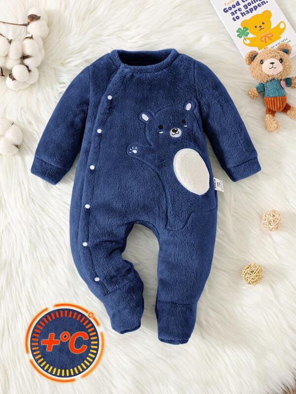 Newborn Baby Boy Adorable Bear Graphic Embroidery V-Neck Fleece Romper, Autumn/Winter