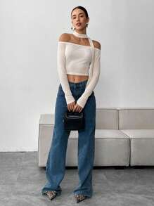 SHEIN Essnce Women Simple Off Shoulder Long Sleeve Solid Color Casual T-Shirt - White - View 6