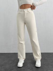 EURMUSE 100%Cotton Slant Pocket Straight Leg Jeans - Beige - View 5