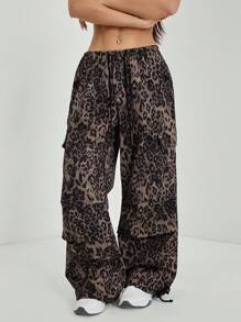 SHEIN PETITE 女士豹纹抽绳腰部降落伞工装裤 - 棕色 - 查看 1
