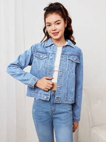 SHEIN Teen Girl Single Breasted Pockets Front Denim Jacket - Light Wash - View 5